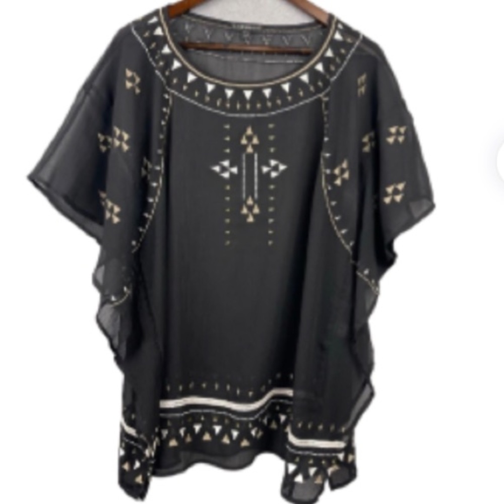 EUC Lane Bryant Sheer Boho Coverup Embroidered Beaded Tunic Top Plus Size 18/20